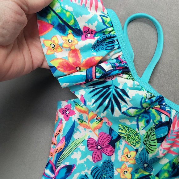 Wonder Nation Girls One Piece Swim Suit Tropical Blue Size L 10/12 - Picture 2 of 6